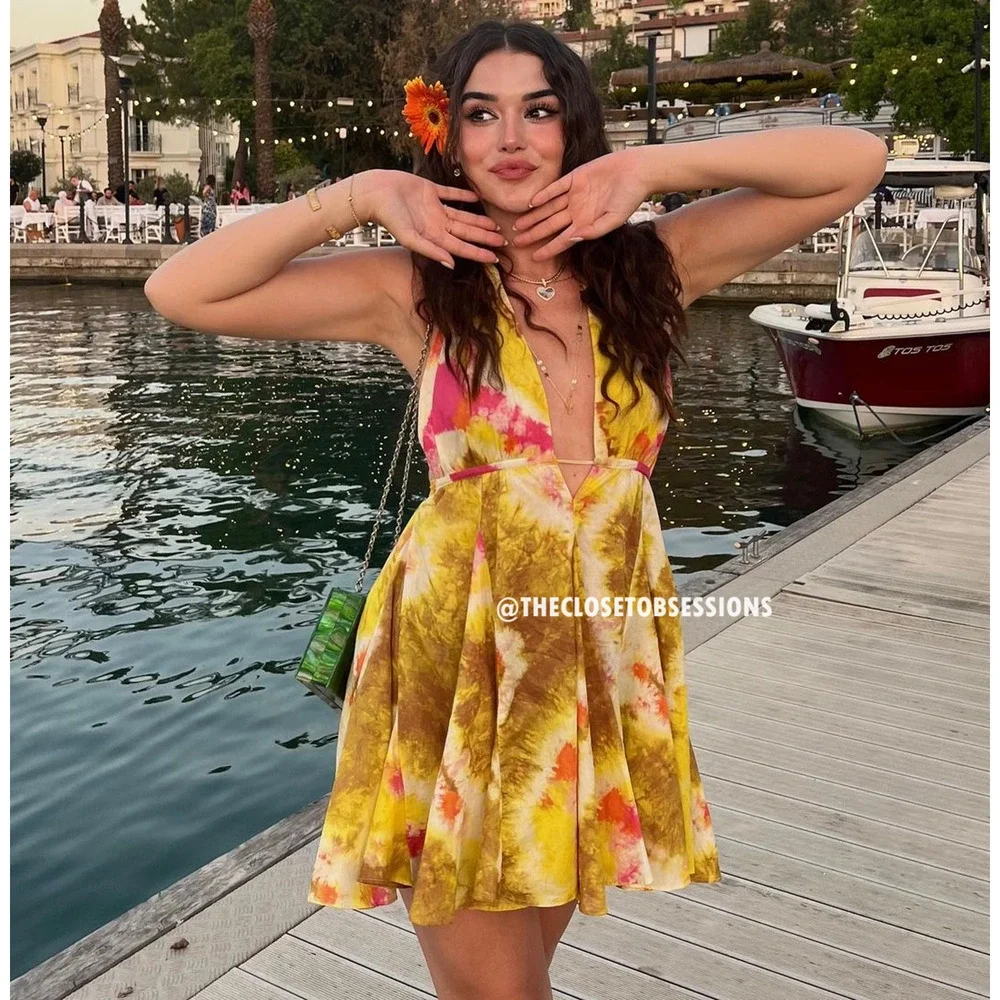 ZARA Yellow Floral Halter Mini Dress Open Back Resort Vacation Sundress NWT
